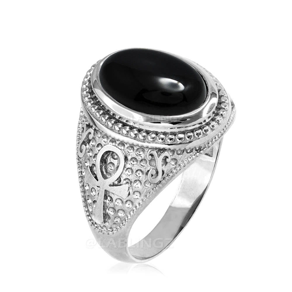 Sterling Silver Egyptian Ankh Cross Black Onyx Gemstone Ring Karma Blingz