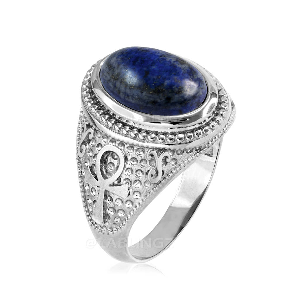 Sterling Silver Egyptian Ankh Cross Lapis Lazuli Gemstone Ring Karma Blingz