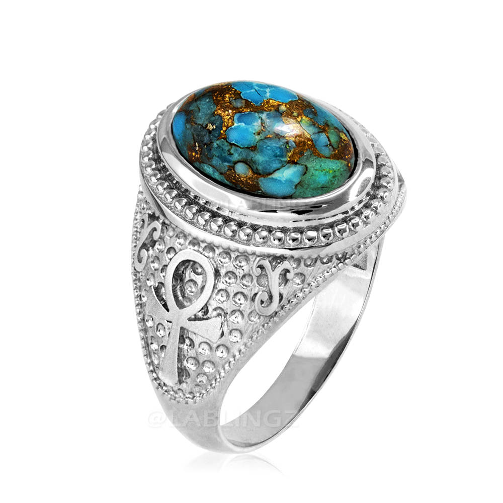 Sterling Silver Egyptian Ankh Cross Blue Copper Turquoise Ring Karma Blingz
