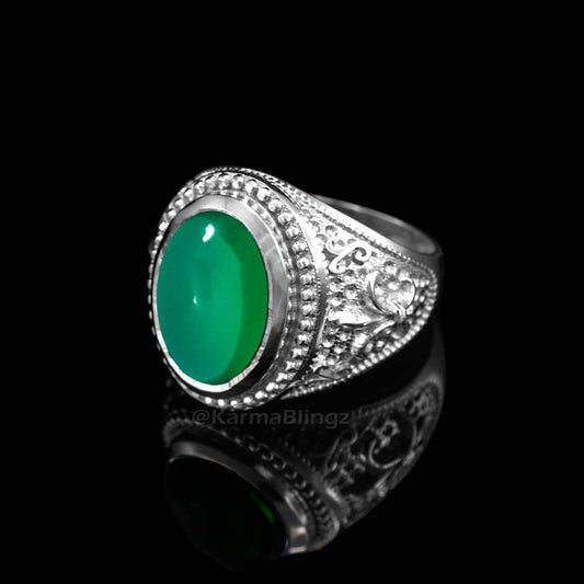 Sterling Silver Fleur De Lis Green Onyx Gemstone Statement Ring Karma Blingz