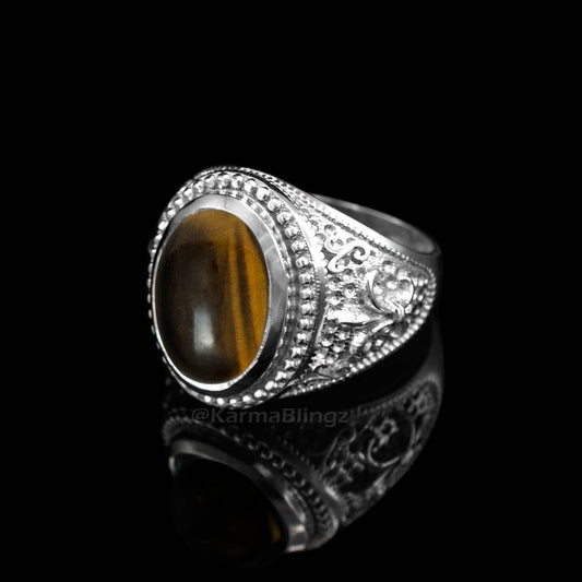 Sterling Silver Fleur De Lis Tiger Eye Gemstone Statement Ring Karma Blingz