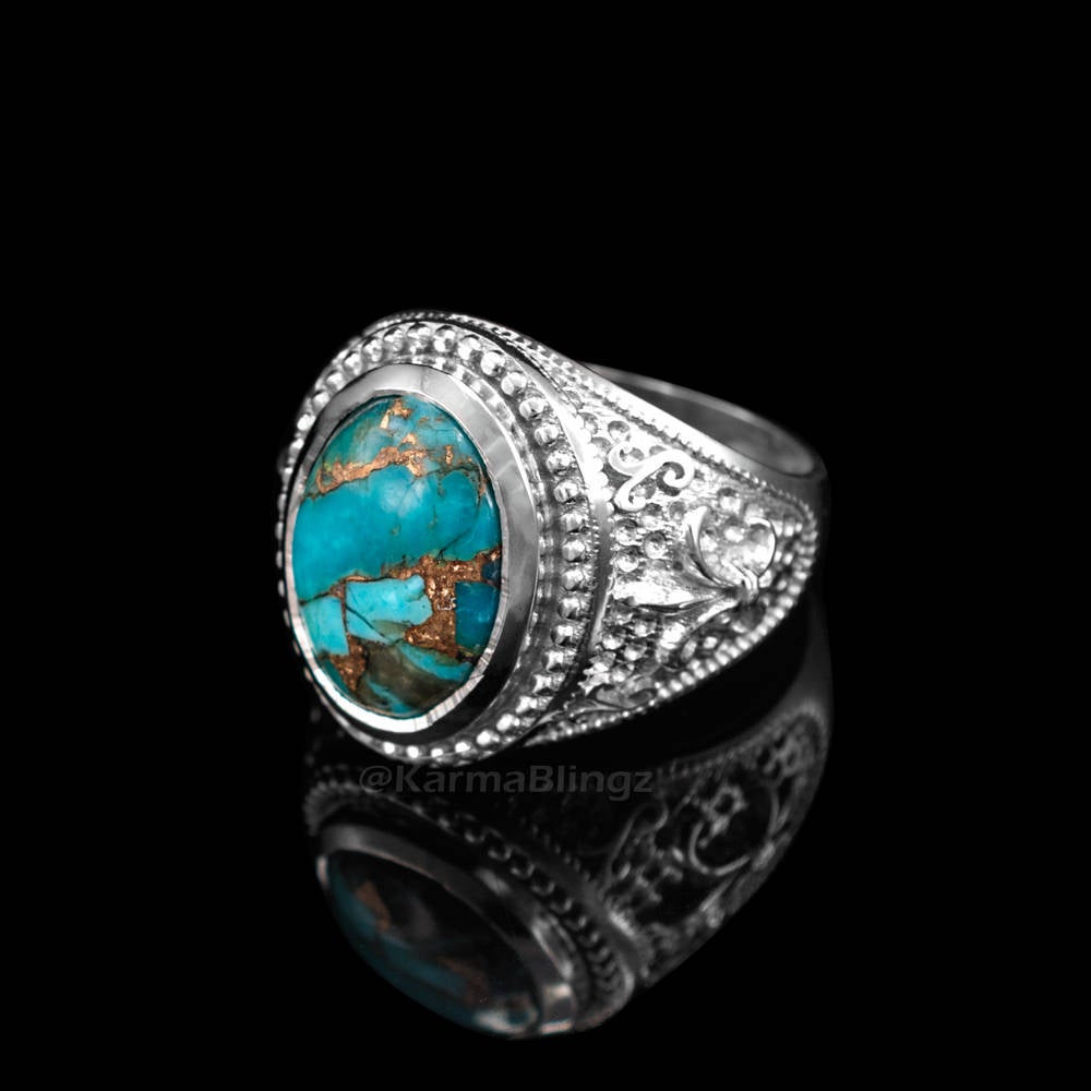 Sterling Silver Fleur De Lis Blue Copper Turquoise Ring Karma Blingz
