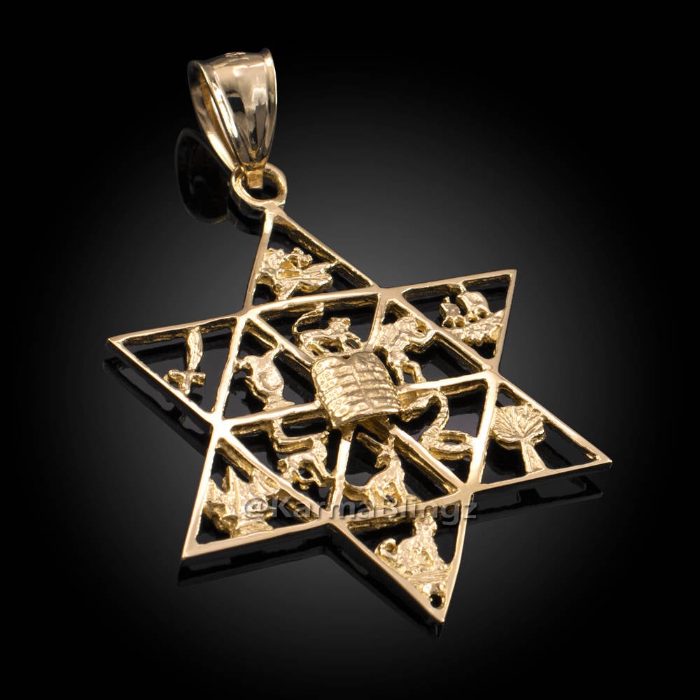 Gold Star of David Twelve 12 Tribes of Israel Jewish Pendant (yellow, white, rose gold, 10k, 14k) Karma Blingz