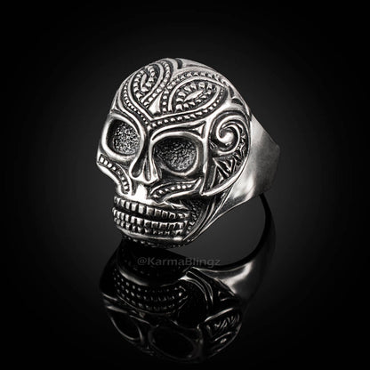 Solid Sterling Silver Sugar Skull Santa Muerte Mens Statement Ring Karma Blingz