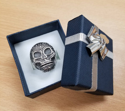 Solid Sterling Silver Sugar Skull Santa Muerte Mens Statement Ring Karma Blingz