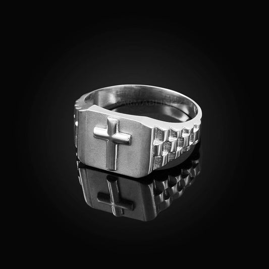 Sterling Silver rolex style Square Cross Ring - Mens Silver Cross Ring Karma Blingz