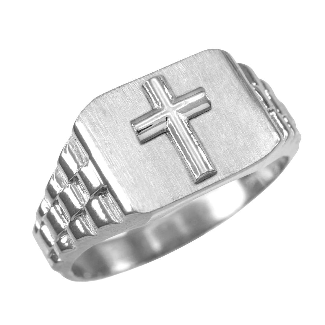 Sterling Silver rolex style Square Cross Ring - Mens Silver Cross Ring Karma Blingz