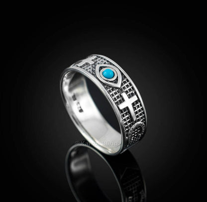 Sterling Silver Turquoise Evil Eye Sideways Cross Lucky Horseshoe Ring Band Karma Blingz
