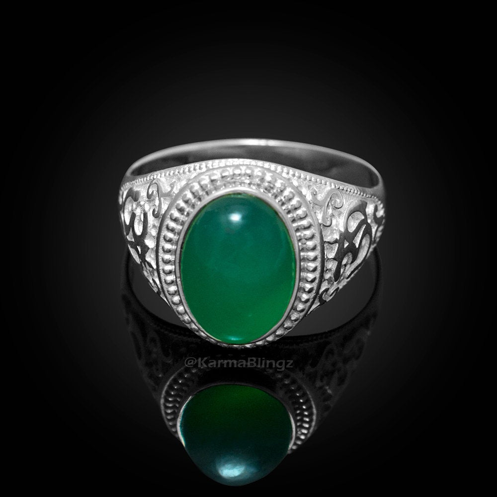 Sterling Silver Om (Aum) Green Onyx Oval Gemstone Statement Ring Karma Blingz