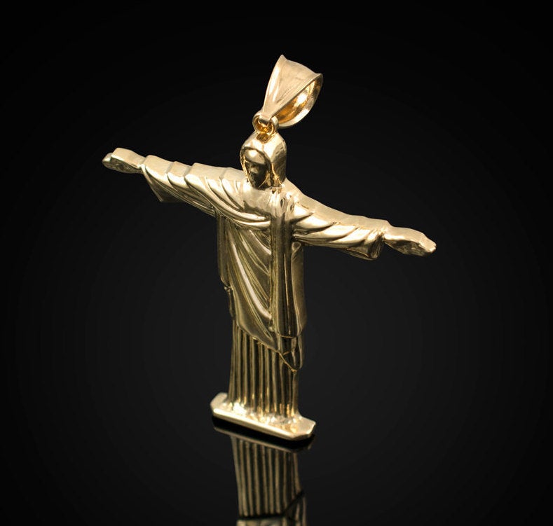 Gold Jesus Christ The Redeemer Brazil Rio Statue Pendant (14k, 10k, yellow, white, rose gold) Karma Blingz