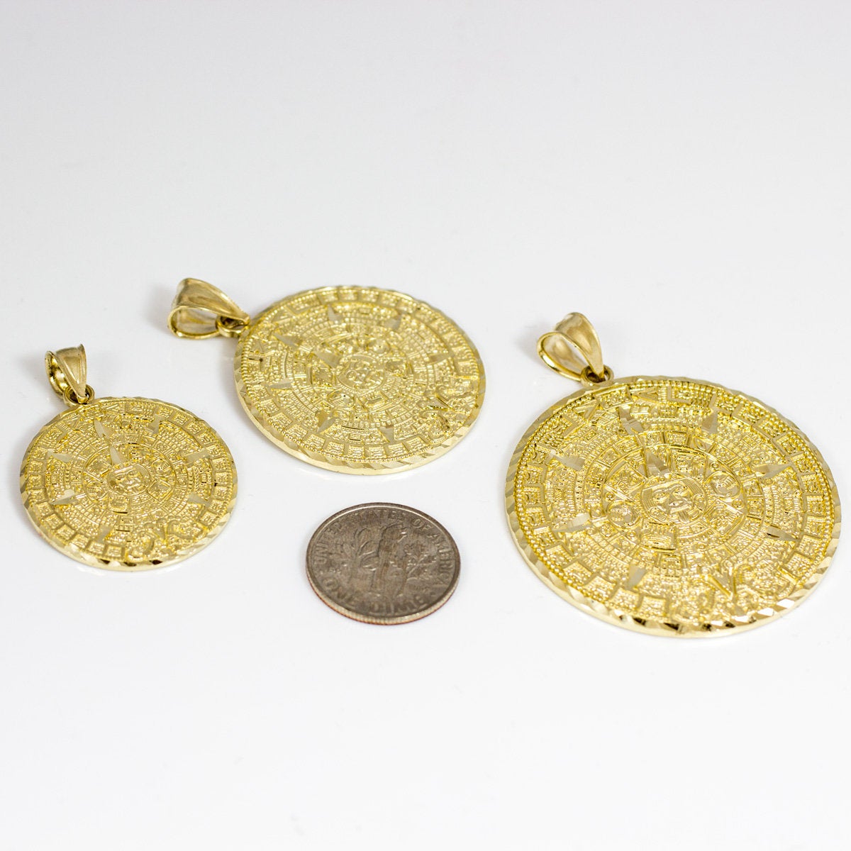 10K Gold Aztec Mayan Sun Calendar Pendant (3 sizes, yellow, white, rose gold) Karma Blingz