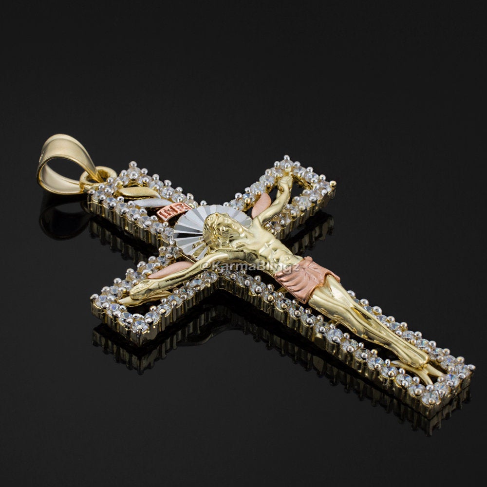 Tri-Tone Gold CZ Jesus Crucifix Mens Pendant (10k, 14k) Karma Blingz