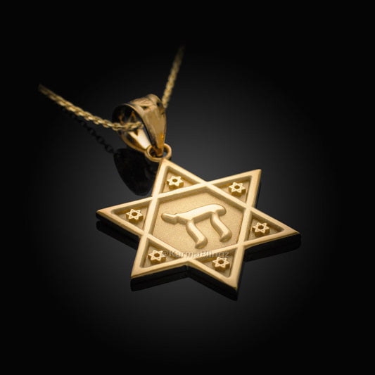 Gold Star of David Chai Pendant Necklace (yellow, white, rose gold, 10k, 14k) Karma Blingz