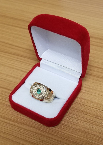 Yellow Gold Mens Celtic Green CZ Statement Ring (10K, 14K) Karma Blingz