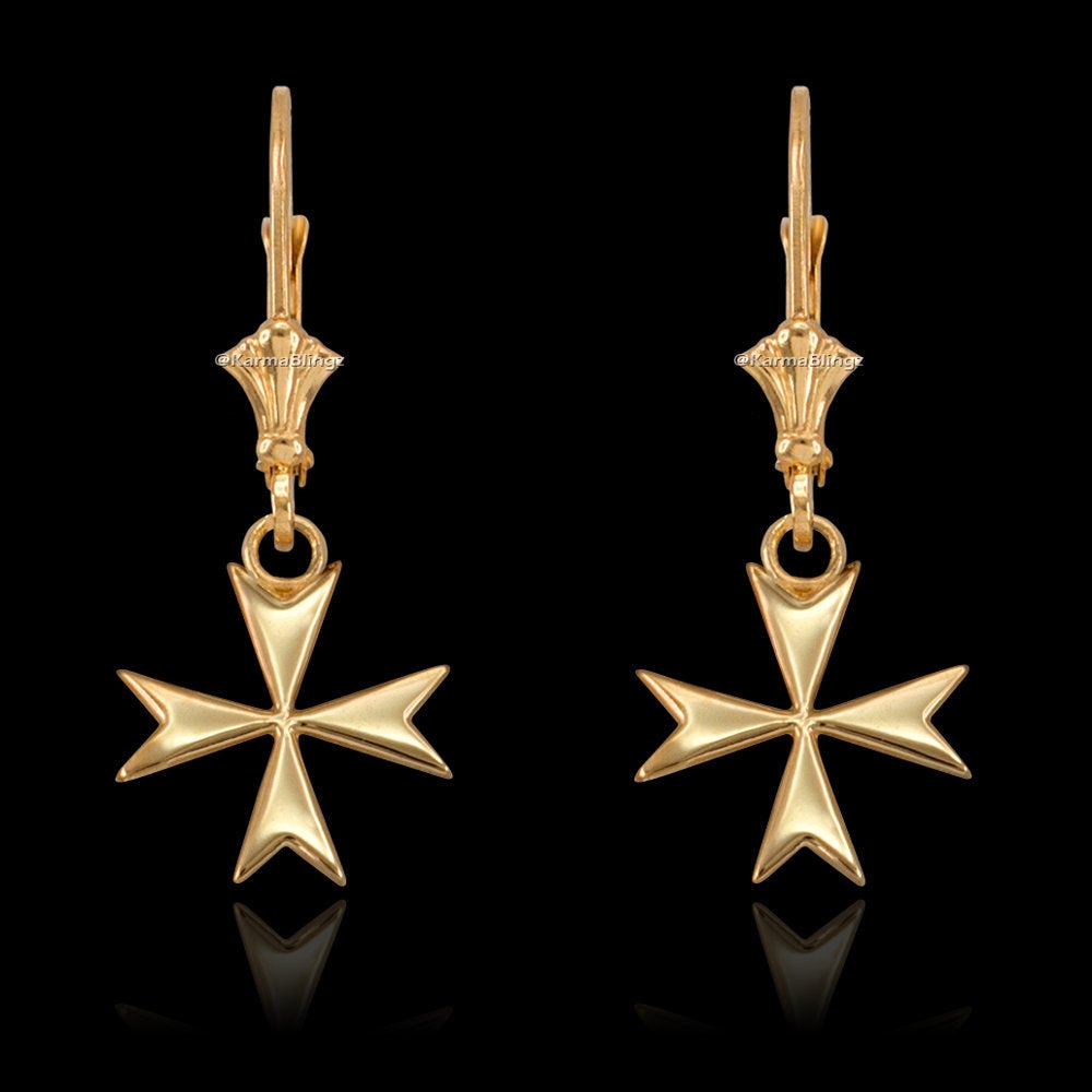 14K Gold Maltese Cross Earrings (yellow, white, rose gold) Karma Blingz