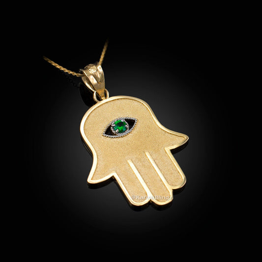 Gold Hamsa Green CZ Evil Eye Pendant Necklace (10k, 14k, yellow, white, rose gold) Karma Blingz