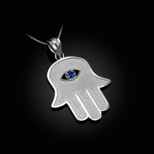 Sterling Silver Hamsa Blue CZ Evil Eye Pendant Necklace Karma Blingz