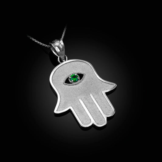 Sterling Silver Hamsa Green CZ Evil Eye Pendant Necklace Karma Blingz