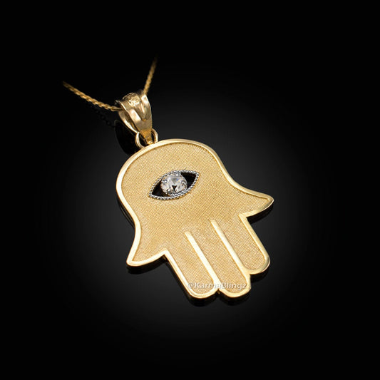 Gold Hamsa Clear CZ Evil Eye Pendant Necklace (10k, 14k, yellow, white, rose gold) Karma Blingz