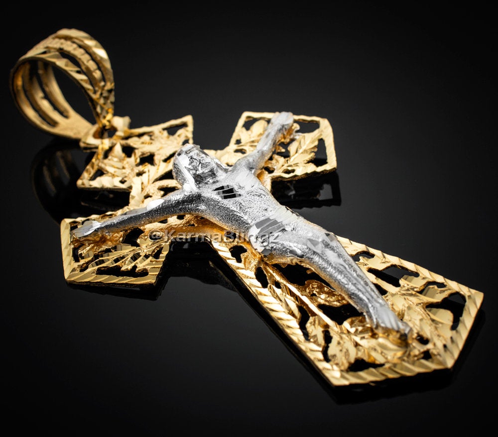 Two-tone Gold Mens Extra Large Crucifix Cross DC Pendant (yellow, white, rose gold, 10k, 14k) Karma Blingz
