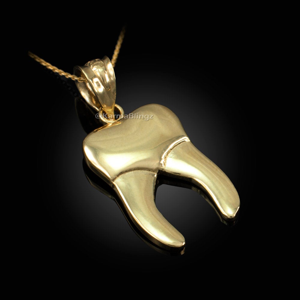 Polished Gold Molar Tooth Dental Charm Necklace (10K, 14K, yellow, white, rose gold) Karma Blingz