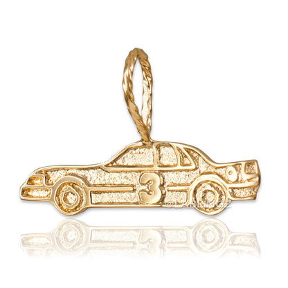 Gold Textured Race Car #3 Charm Pendant  (yellow, white, rose gold, 10k, 14k) Karma Blingz