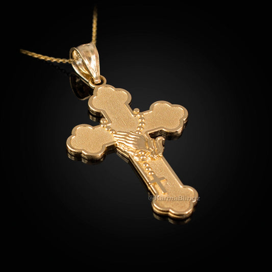 Gold Rosary Cross Prayer Pendant Necklace  (10k, 14k, yellow, white, rose gold, two-tone gold) Karma Blingz