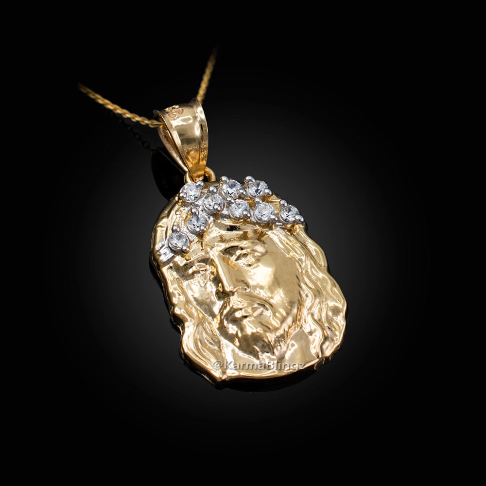 Gold Jesus Face CZ Charm Necklace (10K, 14K, yellow, white, rose gold) Karma Blingz