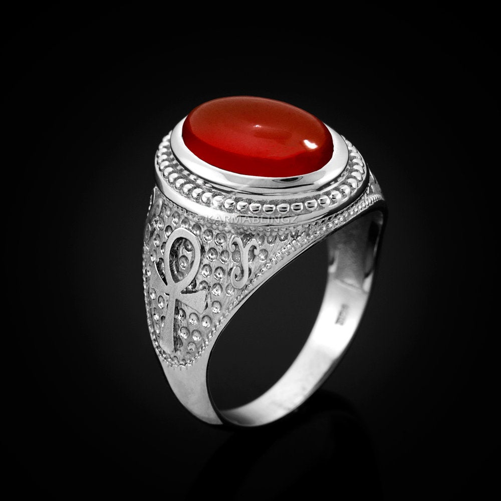 Sterling Silver Egyptian Ankh Cross Red Onyx Gemstone Ring Karma Blingz