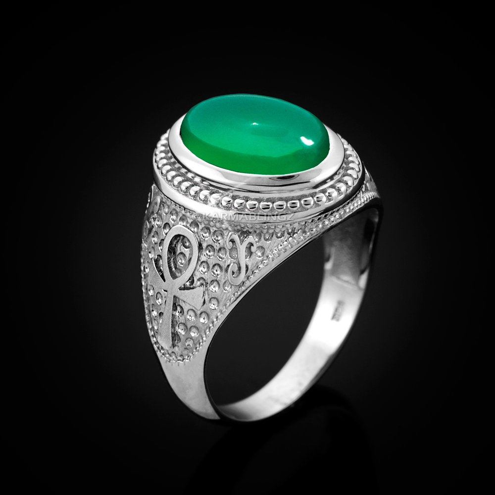 Sterling Silver Egyptian Ankh Cross Green Onyx Gemstone Ring Karma Blingz