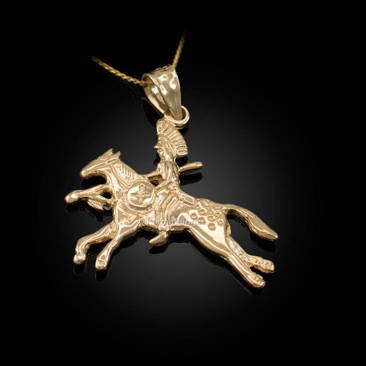 Solid Gold Indian Chief Horse Rider Pendant Necklace (10K, 14K, yellow, white, rose gold) Karma Blingz