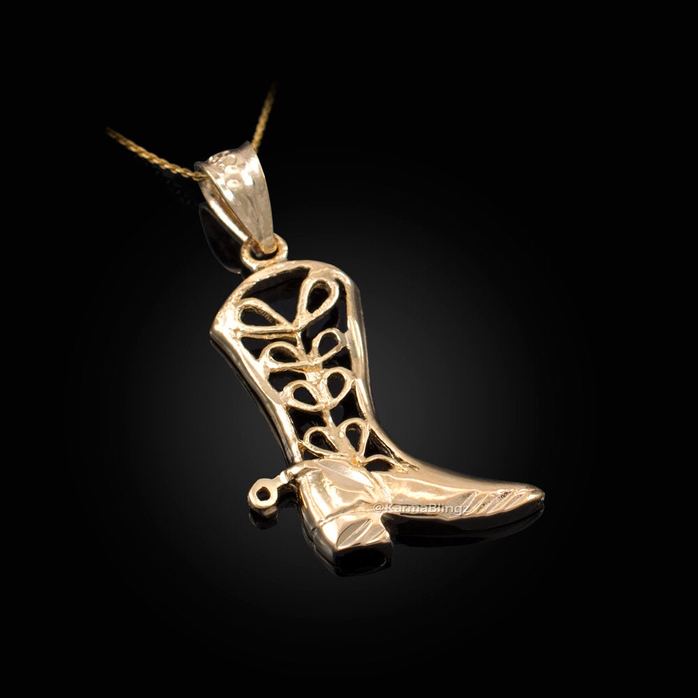 Gold Filigree Cowboy Boot Pendant Necklace (10K, 14K, yellow, white, rose gold) Karma Blingz