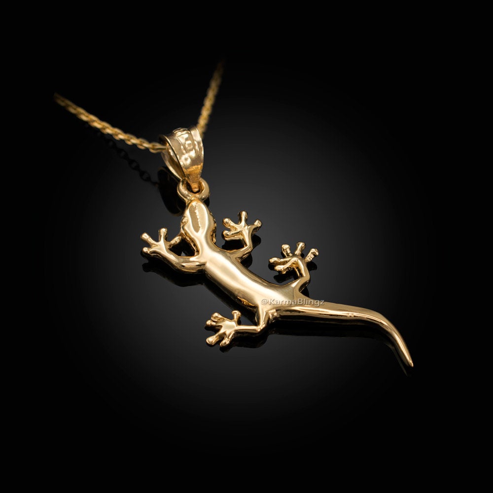 Polished Gold Salamander Lizard Charm Necklace (yellow, white, rose gold, 10k, 14k) Karma Blingz