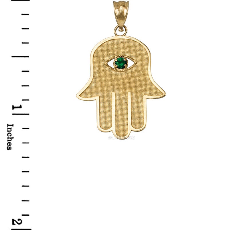 Gold Hamsa Green CZ Evil Eye Pendant Necklace (10k, 14k, yellow, white, rose gold) Karma Blingz