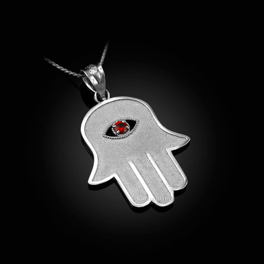 Sterling Silver Hamsa Red CZ Evil Eye Pendant Necklace Karma Blingz