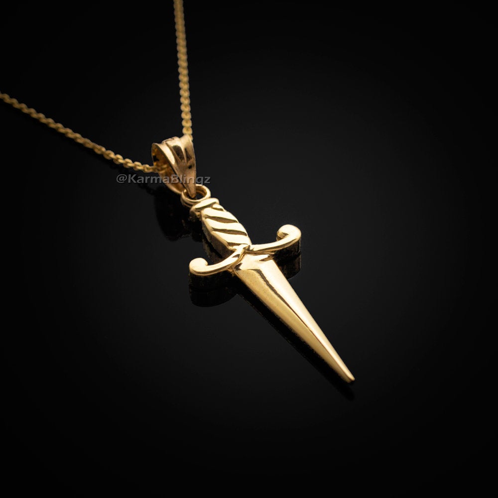 Gold Dagger Knife Charm Pendant Necklace (10k, 14k, yellow, white, rose gold) Karma Blingz