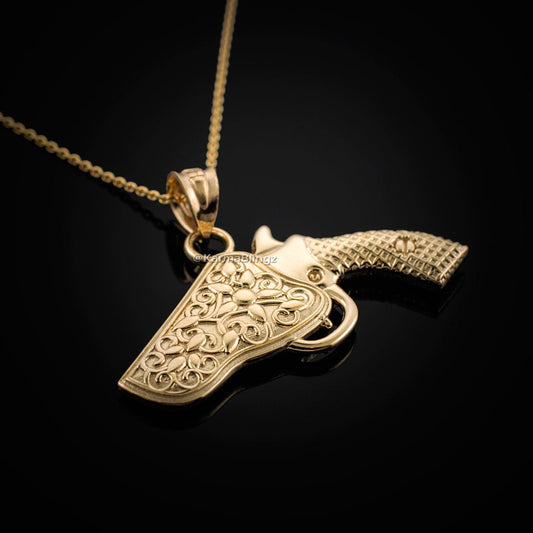 Solid Gold Revolver Pistol Gun Holster Pendant Necklace (10k, 14k, yellow, white, rose gold) Karma Blingz