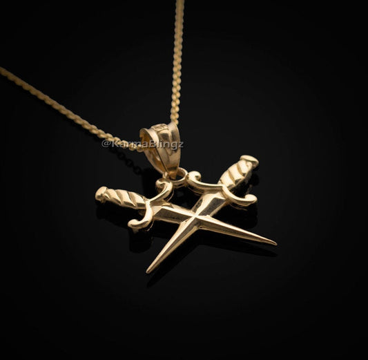 Gold Crossing Dagger Knives Charm Necklace (10k, 14k, white, yellow, rose gold) Karma Blingz