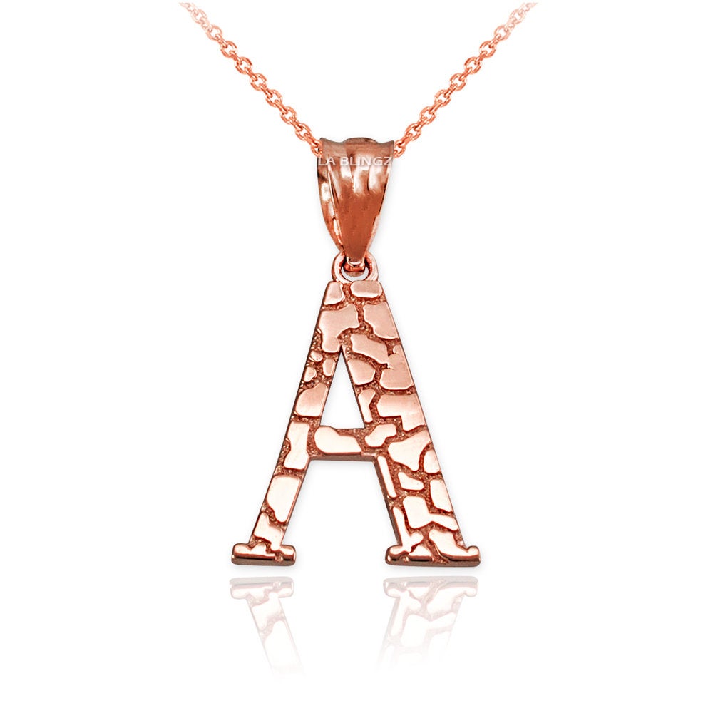 Gold Nugget Alphabet Initial Letter "A" Pendant Necklace (yellow, white, rose gold) Karma Blingz