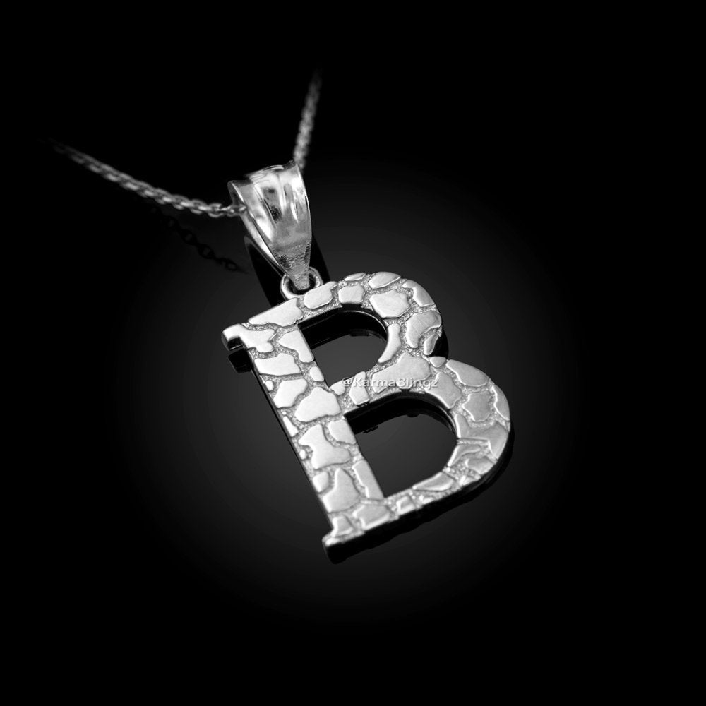 Sterling Silver Nugget Alphabet Initial Letter "B" Pendant Necklace Karma Blingz