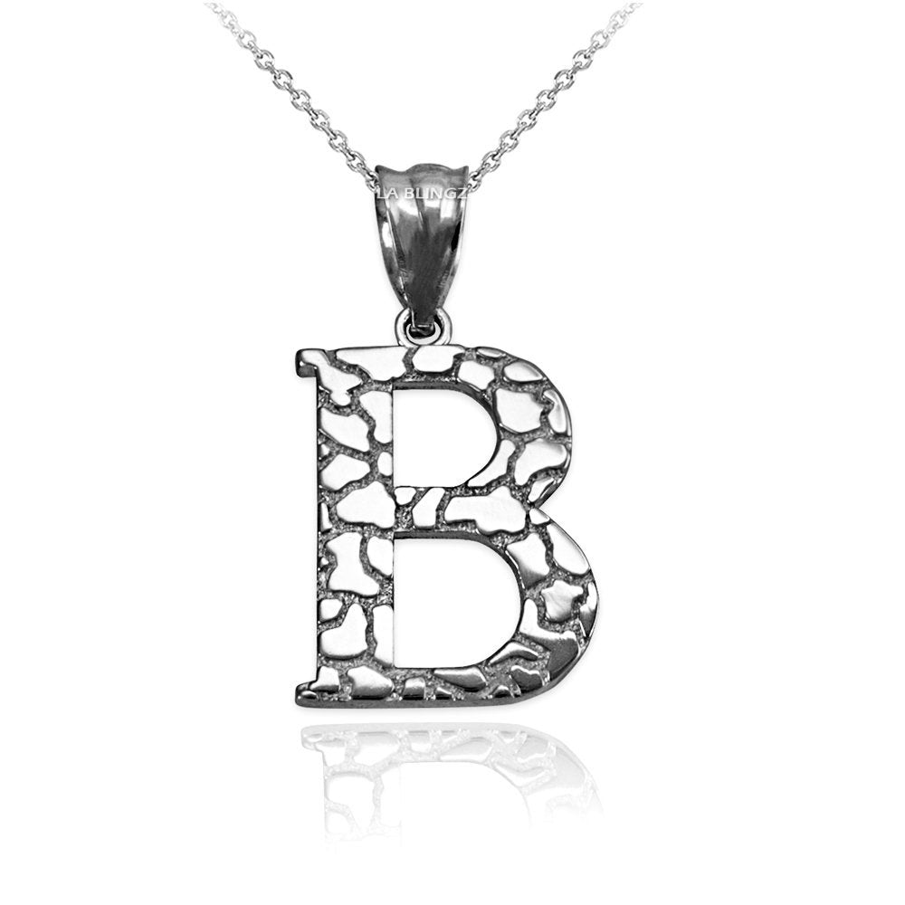 Sterling Silver Nugget Alphabet Initial Letter "B" Pendant Necklace Karma Blingz