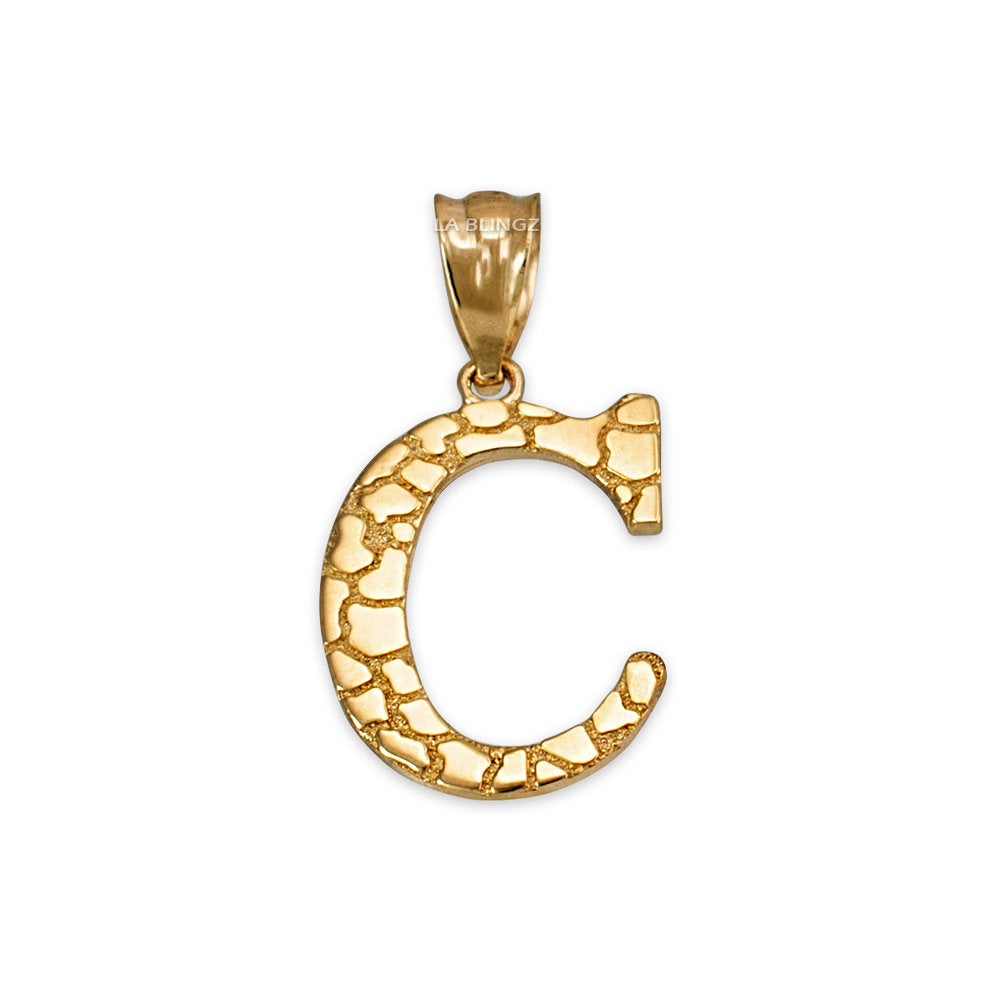 Gold Nugget Alphabet Initial Letter "C" Pendant Necklace (yellow, white, rose gold) Karma Blingz