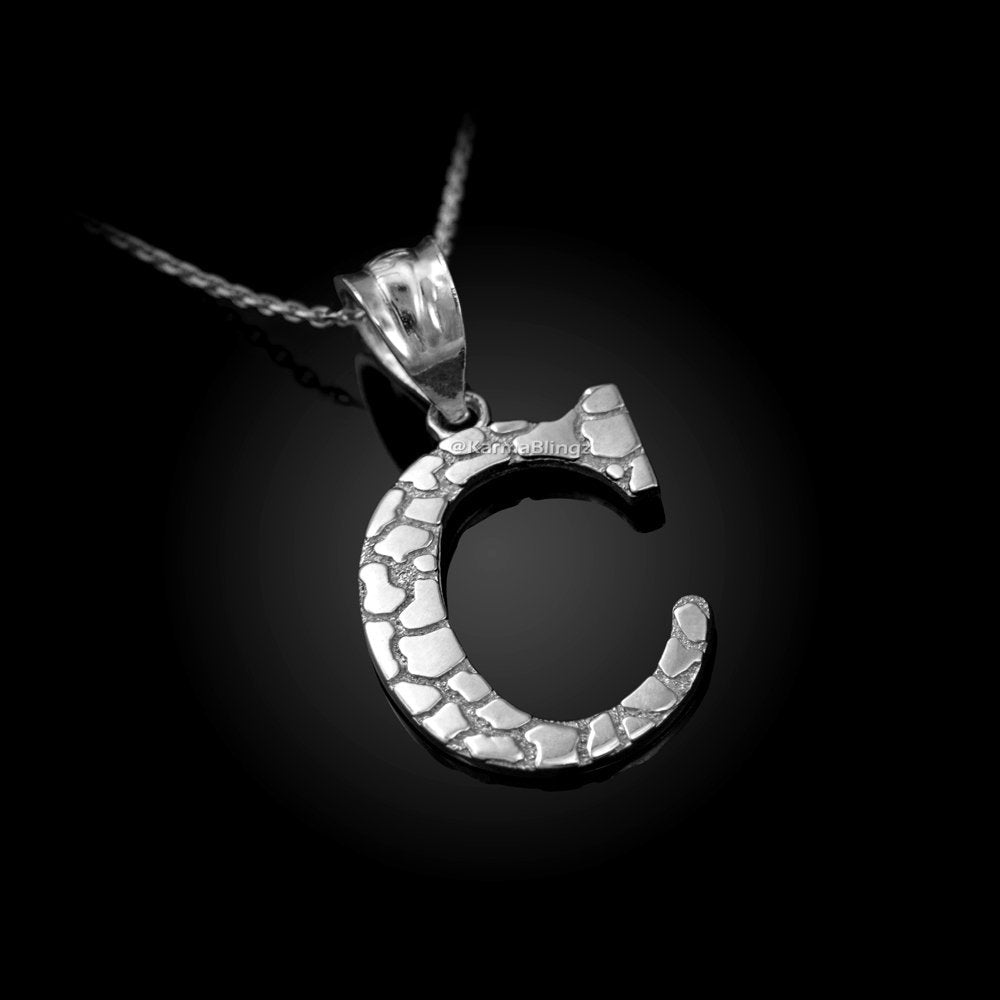 Sterling Silver Nugget Alphabet Initial Letter "C" Pendant Necklace Karma Blingz