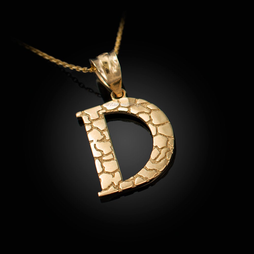 Gold Nugget Alphabet Initial Letter "D" Pendant Necklace (yellow, white, rose gold) Karma Blingz
