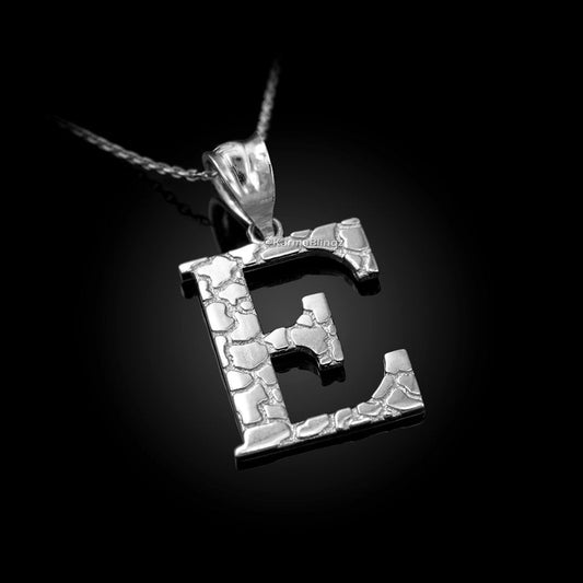 Sterling Silver Nugget Alphabet Initial Letter "E" Pendant Necklace Karma Blingz