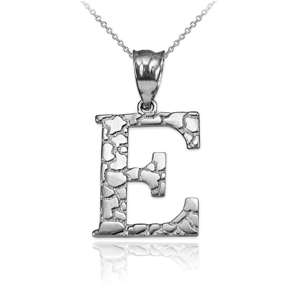 Sterling Silver Nugget Alphabet Initial Letter "E" Pendant Necklace Karma Blingz