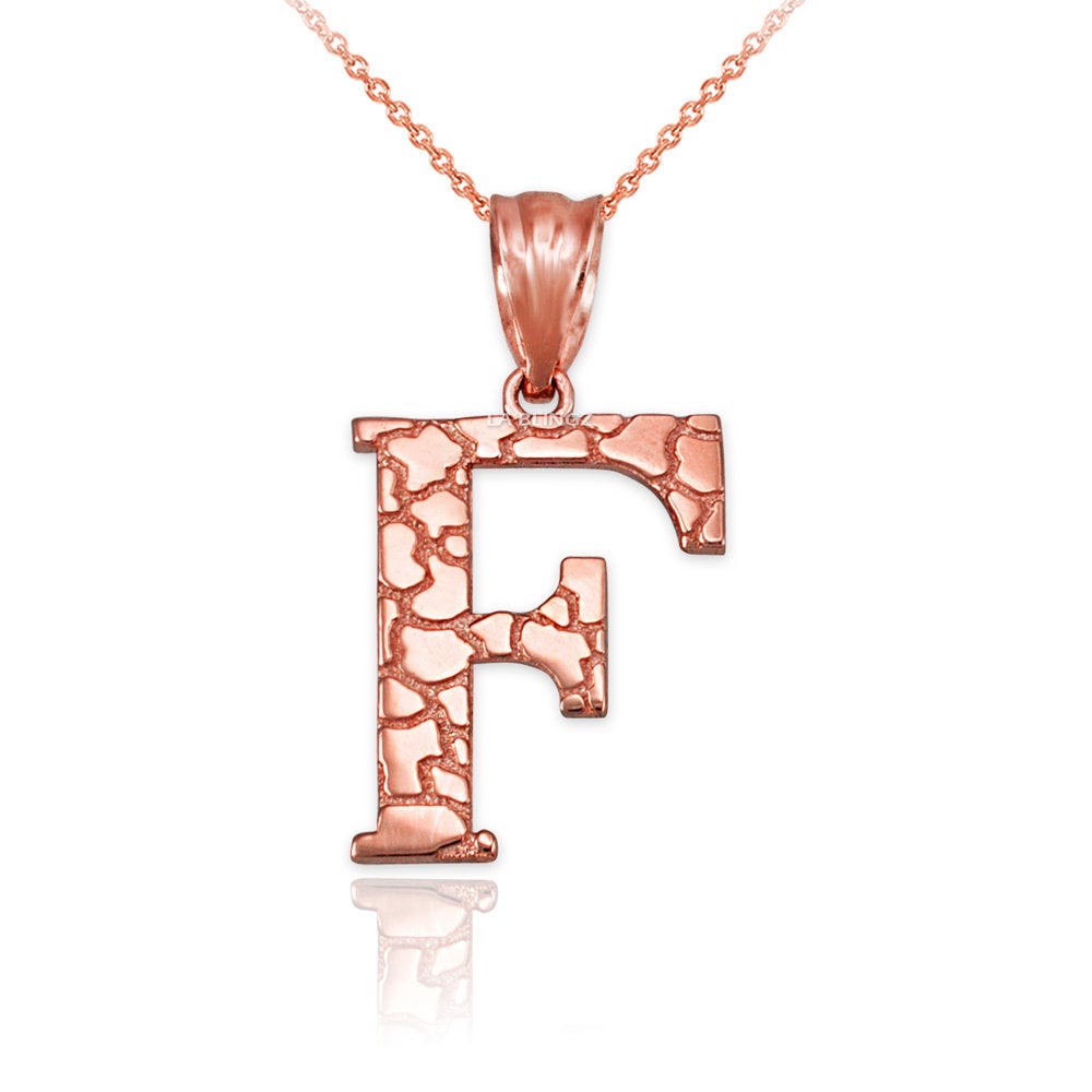 Gold Nugget Alphabet Initial Letter "F" Pendant Necklace (yellow, white, rose gold) Karma Blingz