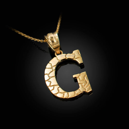 Gold Nugget Alphabet Initial Letter "G" Pendant Necklace (yellow, white, rose gold) Karma Blingz