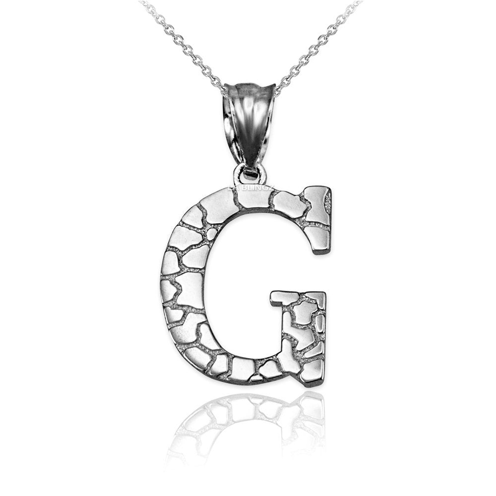 Sterling Silver Nugget Alphabet Initial Letter "G" Pendant Necklace Karma Blingz