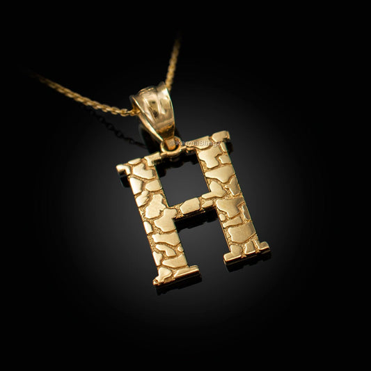 Gold Nugget Alphabet Initial Letter "H" Pendant Necklace (yellow, white, rose gold) Karma Blingz